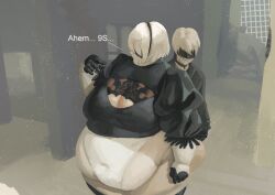 1boy 1girls android bbw behind_another blindfold blush boots city cleavage coat dialogue drooling duo dust fat fat_ass female hairband headwear huge_ass huge_breasts huge_cleavage huge_thighs legwear leotard lust male nervous nier nier:_automata obese obese_female overweight overweight_female robot robot_boy robot_girl saliva sweat sweatdrop text thick_thighs white_hair wide_hips yorha_2b yorha_9s