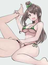 1boy 1girls anal_fingering bar_censor bikini breasts censor_bar censored censored_anus clothed_female_nude_male completely_naked completely_naked_male completely_nude completely_nude_female green_bikini green_ribbon kikiu_bd light-skinned_female light-skinned_male light_skin long_hair love_live! love_live!_school_idol_project medium_breasts minami_kotori naked naked_male nude nude_male nude_male_clothed_female open_mouth ribbon simple_background thick_thighs thighs