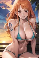 1girls ai_generated bangs bare_shoulders beach bench big_breasts bikini breasts cameltoe cleavage clenched_teeth clothing cloud collarbone curvy eyelashes female female_focus female_only g-string grin highres hips human imayoai large_breasts leaning_forward lips long_hair looking_at_viewer micro_bikini nai_diffusion nami nami_(one_piece) navel ocean one_piece orange_eyes orange_hair outside palm_tree parted_lips pinup plant post-timeskip revealing_clothes seductive shiny_skin sideboob sitting skimpy skindentation smile solo solo_female stable_diffusion sun sunset sweat sweatdrop swimsuit tattoo teeth thick_thighs thighs thong tree underboob voluptuous water wide_hips