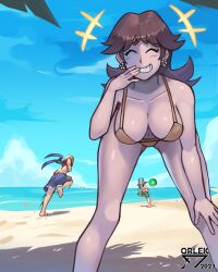 1girls 2boys alternate_breast_size bent_over big_breasts bikini breasts closed_eyes crossover female fire_emblem link link_(breath_of_the_wild) male mario_(series) nintendo orlek outdoors princess_daisy roy_(fire_emblem) super_smash_bros. swimsuit the_legend_of_zelda