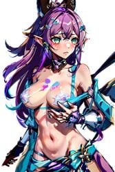 1girls ai_generated belly_button blushing breasts cleavage elf elf_ears elf_female elf_girl exposed_shoulders exposed_stomach female green_eyes large_breasts live3d.io navel pooplool purple_hair revealing_clothes scantily_clad skinny solo solo_female stomach tagme thin_arms thin_female