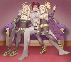 1boy 2girls abs alternate_costume alternate_version_available aqua_eyes ass_visible_through_thighs bad_end beard blonde_hair blue_eyes blush bodystocking breast_grab breasts breasts_out cape censored cooperative_handjob cosplay emmeryn_(fire_emblem) female femsub ffm_threesome fire_emblem fire_emblem_awakening gangrel_(fire_emblem) girl_sandwich green_eyes grin groping group_hug handjob harem heavy_breathing hug large_breasts lissa_(fire_emblem) looking_at_viewer male maledom medium_breasts medium_hair motion_lines multiple_girls muscular_male nintendo nipples pelvic_curtain pompeipei royalty sandwiched short_hair siblings sisters sitting slave smile steaming_body steamy_penis steamy_pussy teamwork tharja_(fire_emblem)_(cosplay) threesome twintails v