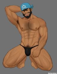 1boy 1male abs archie_(pokemon) armpit_hair bara beard biceps big_bulge bulge dark-skinned_male facial_hair flaccid garbancobean gay hairy hairy_arms hairy_chest hi_res highres huge_bulge looking_at_viewer male male_focus male_only male_pubic_hair muscular muscular_male nintendo nipples penis_outline pokemon solo solo_male team_aqua