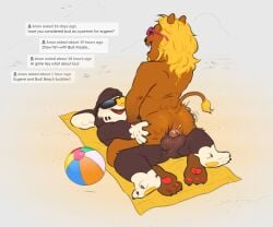 anal animal_crossing anthro ass balls beach blonde_hair bodily_fluids boner brown_body brown_fur bud_(animal_crossing) cowgirl_position cum cum_in_ass cum_inside duo erection eugene_(animal_crossing) eyewear felid from_front_position fur gay genital_fluids genitals hair hexaflexagoon hi_res koala lion male male/male male_only male_penetrated male_penetrating male_penetrating_male mammal marsupial nintendo nude on_bottom on_top outdoor_sex pantherine penetration penis seaside sex sunglasses towel vombatiform