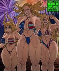 3girls abs alternate_body_build alternate_body_type american_flag american_flag_bikini artist_name bikini blonde_hair blue_eyes cathleen_bate female female_abs female_focus female_only fireworks fourth_of_july large_breasts long_hair mature_female melissa_shield multiple_girls muscular muscular_female muscular_thighs my_hero_academia partially_clothed_female shosho_oekaki smile smiling_at_viewer star_and_stripe_(my_hero_academia) stars_and_stripes thick_thighs tsunotori_pony winking_at_viewer younger_female