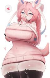 adorable anthro arm_under_breasts big_breasts breasts canid cleavage clothed clothing cute cute_face eeveelution female female_only fur generation_6_pokemon hair heart hi_res horny huge_breasts legwear looking_at_viewer mammal nintendo omeki pink_body pink_hair pink_skin pokemon pokemon_(species) ribbons_(anatomy) simple_background smile solo solo_female stockings sylveon thick_thighs thigh_highs topwear