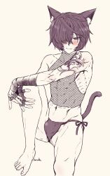 1boy animal_ears animal_tail arm_tattoo bandage_gloves bandaged_hands bandages black_bandages blush bulge cat_ears cat_tail catboy fate/grand_order fate_(series) femboy fishnet_shirt fishnets fundoshi fuuma_kotarou_(fate) hair_over_one_eye half-closed_eyes hand_support hands_on_knee hands_on_leg highres kamenakake kamenakaoji looking_at_viewer male male_focus male_only muscular muscular_femboy muscular_male naughty_face no_pants pantsless red_eyes red_fundoshi red_hair short_hair shoulder_tattoo smile solo solo_focus solo_male tattoo yaoi