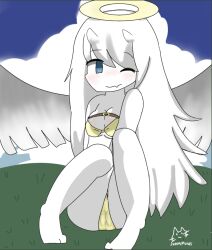 angel angel_wings blue_eyes blushing chanipuchi cute cute_fang cute_girl digital_art digital_drawing_(artwork) digital_media_(artwork) digital_painting_(artwork) female female_only grass_field hair halo heart-shaped_pupils hill horns long_hair one_eye_closed pussy_through_clothing ribs_(youtuber) roblox roblox_avatar robloxian sitting sitting_on_floor small_boobs solo_focus underwear_only winking_at_viewer