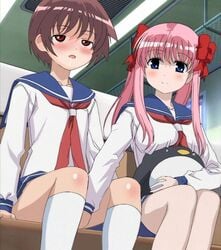 blush etopen female haramura_nodoka miyanaga_saki multiple_girls saki school_uniform serafuku tied_hair twintails yuri