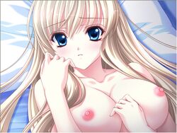 1girls aqua_eyes bed bed_sheet blonde_hair blue_eyes blush collarbones game_cg kokoro_hokenshitsu long_hair lying nipples oppai pillow sakashita_fubuki shirayama_alice_tsumugi solo