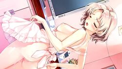 apron_lift ass blush censored closed_eyes dutch_angle game_cg hadaka_apron hanami_mar'ya looking_back misaki_kurehito nakadashi open_mouth oppai pussy_juice short_hair sideboob suiheisen_made_nan_mile? sumairu_cubic! white_hair