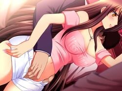 1girls ayer_lizon blush chikan clothes_writing game_cg long_hair non_stop_chikan_tokkyu pink_shirt public public_indecency shirt shorts sweat zurumu_ken