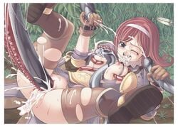 archer_(ragnarok_online) armor arrow blood blue_eyes blush boots breast_grab breasts brown_hair bukkake censored clothed_sex clothing cum cum_in_mouth cum_in_pussy cum_inside cumdrip ejaculation facial female gloves hairband high_res legs_up long_hair lying nakadashi nipples open_mouth oppai overflow paipan penetration penis_tentacles pussy ragnarok_online rape sex spread_legs tear tentacle tentacle_grab thighhighs torn_clothes vaginal_penetration virgin wink xration