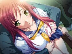 aikawa_arisa bra breast_grab breasts chikan fingering forced_exposure green_eyes grope imminent_rape large_breasts long_hair looking_up matsubara_yui metro_chikan-sen miniskirt molestation pink_hair red_hair school_uniform serafuku train underwear