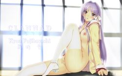 1girls bow censored clannad clothed_masturbation female female_only fingering fujibayashi_kyou hair_intakes long_hair masturbation open_clothes open_shirt oppai panties panties_around_one_leg shirt solo stockings taka_tony thighhighs uncensored