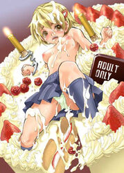 blonde_hair cake candle cuffs food frosting fruit girl_in_food hair_ornament hairclip handcuffs icing in_food jpeg_artifacts katsuragi_yako majin_tantei_nougami_neuro minigirl nipples panties pastry short_hair skirt strawberry suika topless underwear white_panties