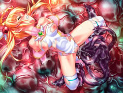 ahoge blonde_hair blush censored clenched_teeth closed_eyes clothing detached_sleeves devouring game_cg halo honjou_erena leotard magical_girl mahou_shoujo_erena multiple_insertions nipples oppai potekoro profile restrained sex solo spread_legs tentacle thighhighs tied_hair torn_clothes twintails