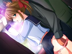 1girl 3boys blue_eyes blush brown_hair character_request chikan chikan_senyou_sharyou fingering from_behind game_cg indoors koizumi_amane molestation multiple_boys panties pussy_juice school_uniform side-tie_panties skirt train train_interior underwear