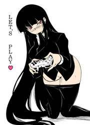 black_hair games houkago_play long_hair monochrome red_eyes thighhighs vibrator