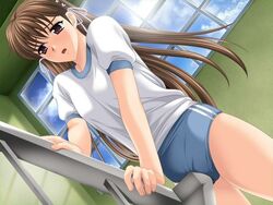 aniyome brown_hair buruma crotch_rub game_cg gym_uniform long_hair masturbation official_art railing staircase takatsuki_noboru tokiwa_misa