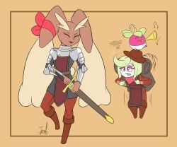 armor backpack big_breasts breasts clothing female heart jmf knight lopunny medieval_armor medieval_armour nintendo pokémon_(species) pokemon pokemon_(species) simple_background sword tsareena