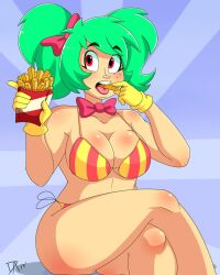 bowtie dalley_le_alpha eyebrows_visible_through_hair female food freckles french_fries fries gloves green_hair hair holding_object mimi_moppu red_eyes source_request yellow_gloves