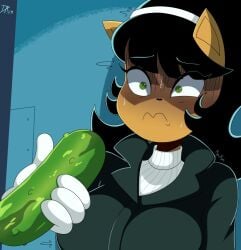 black_hair breasts brown_fur cucumber dalley_le_alpha disgusted feline female female_focus furry green_eyes kitty_katswell nickelodeon scared scared_expression short_hair sweating t.u.f.f._puppy uncomfortable