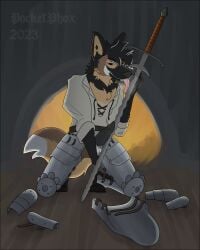 absurd_res ambiguous_gender anthro armor canid canine hi_res karidas_(rexroyale) male male/male mammal maned_wolf medieval medieval_armor medieval_armour melee_weapon pinup plate_armor plate_armour pocketphox pose solo sword weapon zweihander