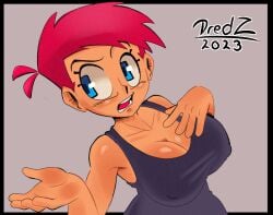 big_breasts blue_eyes dredz female female_only human humanoid oc original_character red_hair solo tan_skin tank_top thick tomboy