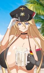 1girls azur_lane beer bikini bismarck_(azur_lane) brown_eyes brown_hair choker cum_drinking cum_in_container cum_in_glass female_only germany gloves hat heart-shaped_pupils huge_breasts iron_cross punishedplume queen_of_hearts solo tropical