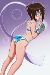 1girls bra brown_hair euf-dreamer female female_only finger_to_mouth flame_of_recca headband heart_panties light-skinned_female light_skin looking_at_viewer looking_back panties smile smiling underwear underwear_only