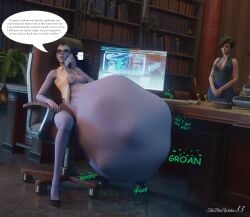 2girls 3d belly big_belly blue_skin breasts brown_hair chair clothed dialogue erect_nipples female female_pred glasses huge_belly mass_vore multiple_prey nipple_bulge nipples office overwatch partially_clothed same_size_vore sitting stomach_noises text the_blue_widow33 tracer vore widowmaker