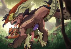 anal anal_sex animal_genitalia anjanath brute_wyvern capcom claws dinosaur dragon duo erection feral feral_on_feral feral_penetrated feral_penetrating feral_penetrating_feral flying_wyvern genital_slit genitals hi_res looking_back male male/male monster monster_hunter nature open_mouth outside penetration penile penile_penetration penis_in_ass rath_wyvern rathalos rear_view red_body red_scales reptile scales scalie sex sharp_teeth slit spiked_tail spikes spikes_(anatomy) tail tan_body tan_scales teeth tenebscuro tongue tongue_out