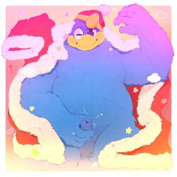 anthro avian balls beak belly bird blue_body blue_eyes blue_feathers blush clothing feathers foreskin genitals heart hi_res hollo_nut king king_dedede kirby_(series) male male_only masturbation moobs nintendo nude one_eye_closed overweight penis robe royal_rod royalty solo wink