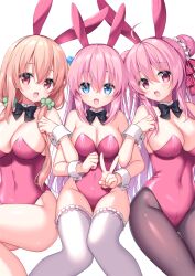 3girls blue_eyes blush bocchi_the_rock! brown_hair bunny_girl bunnysuit gotou_hitori happy happy_sugar_life hinako_note large_breasts matsuzaka_satou pink_hair red_eyes sakura_neko sakuragi_hinako smile