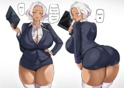 1girls ass ass_shot big_ass big_breasts bottomwear breasts dat_ass ear_piercing earrings english english_text female female_only gray_eyes gundam gundam_suisei_no_majo hair hand_on_hip hoop_earrings huge_ass huge_breasts large_breasts legwear lips necklace office_lady panties_visible_through_clothing pantylines pencil_skirt puzenketsu secelia_dote seductive seductive_look seductive_smile short_hair skirt solo solo_female speech_bubble spoken_heart steam steamy text thick_thighs thighhighs thighs topwear white_hair white_thighhighs