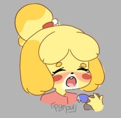 1girls animal_crossing anthro blush blushing bodily_fluids canid canine canis cock_gag dildo_mask domestic_dog drooling female female_only gag gag_mask isabelle_(animal_crossing) mammal nintendo pyrpul saliva tears yellow_fur