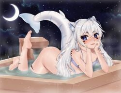 1boy arched_back ass_up bandage bath blue_eyes blush crossdressing fangs feet feet_up femboy girly gomi-cake hot_spring indie_virtual_youtuber long_hair male male_only moon night open_mouth painted_nails shark_tail snow snowing taigaxholic tiger_ears tongue_out top-down_bottom-up virtual_youtuber water white_hair