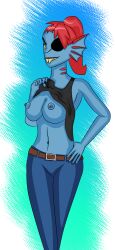 1girls 2d 2d_(artwork) 2d_artwork clothed clothes clothes_lift clothing color eyepatch female lifted_by_self looking_at_viewer nipple_piercing nipples nobodyart piercing piercings smile solo tagme tank_top tank_top_lift tanktop uncensored uncensored_breasts undertale undertale_(series) undyne yellow_sclera yellow_teeth