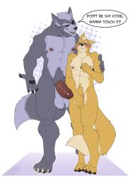 2boys abs anthro balls biceps big_penis blush blush_lines canid canine canis countershade_torso countershading duo erection fox fox_mccloud fur gay genitals grey_body grey_fur hi_res humanoid_genitalia humanoid_penis larger_male male male/male mammal muscular muscular_anthro muscular_male nintendo nude orange_body orange_fur penis size_difference smaller_male soraawoolf star_fox tan_body tan_fur text wolf wolf_o'donnell