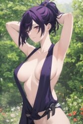 1girls ai_generated areolae armpits arms_behind_head big_breasts busty female female_only hi_res japanese_clothes jigokuraku large_breasts looking_at_viewer nipple_slip pose posing purple_eyes purple_hair sensual sexy_armpits smile solo voluptuous yuzuriha_(jigokuraku)