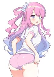 annoyed ass candy_hair_ornament disgust dolphin_shorts embarrassed gym_shorts gym_uniform heterochromia himemori_luna holoforce hololive hololive_japan long_hair pink_hair shorts virtual_youtuber wavy_hair