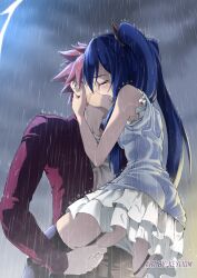 1boy 1boy1girl 1girls fairy_tail keyliom kissing natsu_dragneel raining thick_thighs wendy_marvell