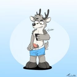 absurd_res anthro antlers bottomwear boxers_(clothing) capreoline clothing deer fur genitals grey_body grey_fur hi_res horn male mammal nude penile penis phone photo reindeer shorts solo standing tinnier underwear