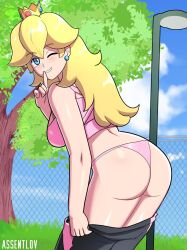 1girls assentlov bent_over blonde_hair blue_eyes butt female female_only mario_(series) nintendo panties partially_clothed presenting_hindquarters princess_peach rear_view white_skin