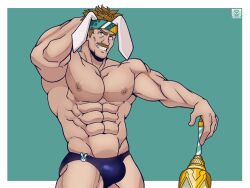 1boy bara bartre_(fire_emblem) blue_speedo blue_underwear bulge fire_emblem fire_emblem:_the_binding_blade male male_only muscular_male smile smooth_skinned_male solo vier_punksterne