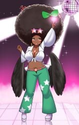 afro bimbo bimbofication brainwashing breast_expansion cleavage dark-skinned_female disco ebonization female hair_growth high_heels huge_ass huge_breasts hypnosis japanese_text midriff navel personality_change post_transformation race_swap revealing_clothes text thick_thighs touhou transformation utsuho_reiuji wide_hips yu_(pixiv_artist)