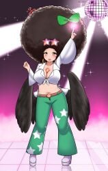 afro bimbo bimbofication brainwashing breast_expansion cleavage disco female hair_growth high_heels huge_ass huge_breasts hypnosis japanese_text midriff navel personality_change post_transformation revealing_clothes text thick_thighs touhou transformation utsuho_reiuji wide_hips yu_(pixiv_artist)