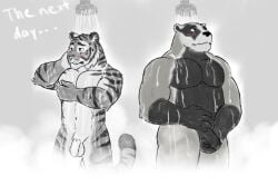 american_badger anthro artsywoodpecker badger balls biceps blush casual_nudity duo echo_(series) echo_project european_badger felid flaccid foreskin fur genitals grey_body grey_fur greyscale humanoid_genitalia humanoid_hands humanoid_penis looking_away male male_only mammal meles monochrome muscular muscular_anthro muscular_male mustelid musteline navel nikolai_(the_smoke_room) nude pantherine pecs penis shower social_nudity steam striped_body striped_fur stripes the_smoke_room tiger visual_novel water