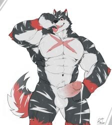 abs anthro balls biceps big_muscles bladetiger bodily_fluids canid canine canis casual_erection casual_nudity erection fur genital_fluids genitals hi_res humanoid_genitalia humanoid_hands humanoid_penis male male_only mammal manly muscular muscular_anthro muscular_male nude pecs penis red_eyes scar smile solo solo_focus striped_body striped_fur stripes sweat tongue tongue_out